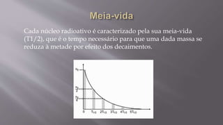 Cada núcleo radioativo é caracterizado pela sua meia-vida
(T1/2), que é o tempo necessário para que uma dada massa se
reduza à metade por efeito dos decaimentos.
 