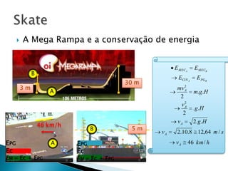    A Mega Rampa e a conservação de energia


                                                         EMECA      EMECB
               B
                                                          ECIN A      E PGB
                                             30 m
          3m                                              mv A2
                      A                                             m.g .H
                                                           2
                                                              2
                                                           vA
                                                                    . g .H
                                                             2
                                                          vA        2 . g .H
                   46 km/h
                                   B          5m
                                                    vA    2.10.8 12,64 m / s
EPG                    A     EPG                         vA       46 km / h
Ec                           Ec
EM = Ec + EPG                EM = Ec + EPG
 