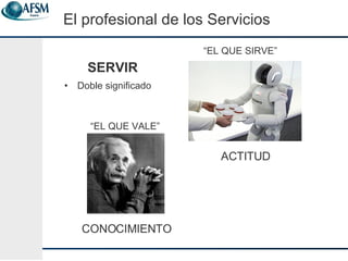 El profesional de los Servicios Doble significado “ EL QUE VALE” “ EL QUE SIRVE” SERVIR ACTITUD CONOCIMIENTO 