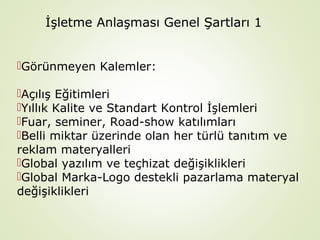 İşletme Anlaşması Genel Şartları 1
Görünmeyen Kalemler:
Açılış Eğitimleri
Yıllık Kalite ve Standart Kontrol İşlemleri
Fuar, seminer, Road-show katılımları
Belli miktar üzerinde olan her türlü tanıtım ve
reklam materyalleri
Global yazılım ve teçhizat değişiklikleri
Global Marka-Logo destekli pazarlama materyal
değişiklikleri

 