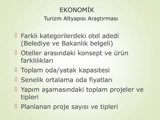 EKONOMİK
Turizm Altyapısı Araştırması

 Farklı kategorilerdeki otel adedi
(Belediye ve Bakanlık belgeli)
 Oteller arasındaki konsept ve ürün
farklılıkları
 Toplam oda/yatak kapasitesi
 Senelik ortalama oda fiyatları
 Yapım aşamasındaki toplam projeler ve
tipleri
 Planlanan proje sayısı ve tipleri

 