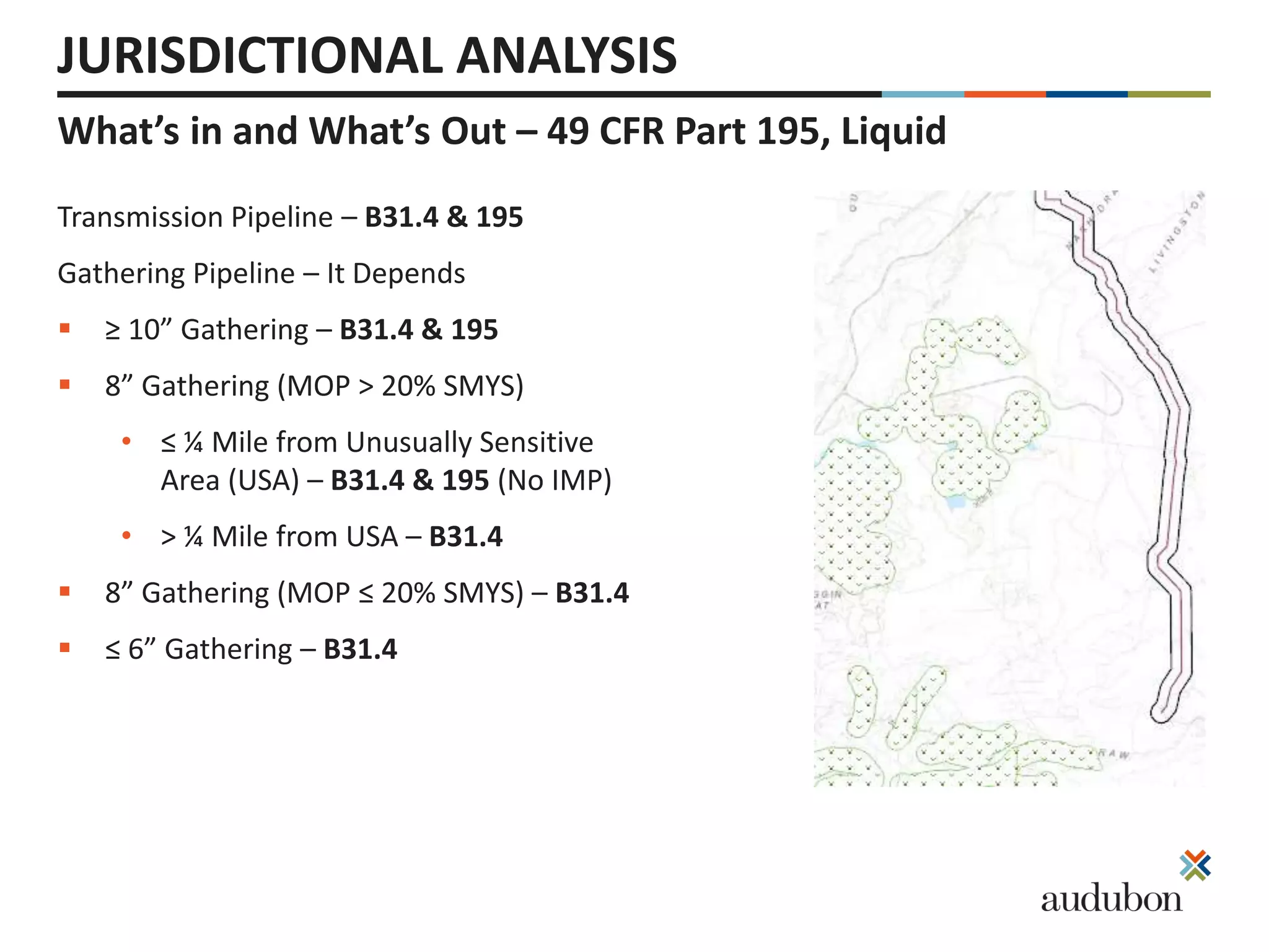 What’s in and What’s Out – 49 CFR Part 195, Liquid
JURISDICTIONAL ANALYSIS
Transmission Pipeline – B31.4 & 195
Gathering Pipeline – It Depends
 ≥ 10” Gathering – B31.4 & 195
 8” Gathering (MOP > 20% SMYS)
• ≤ ¼ Mile from Unusually Sensitive
Area (USA) – B31.4 & 195 (No IMP)
• > ¼ Mile from USA – B31.4
 8” Gathering (MOP ≤ 20% SMYS) – B31.4
 ≤ 6” Gathering – B31.4
 