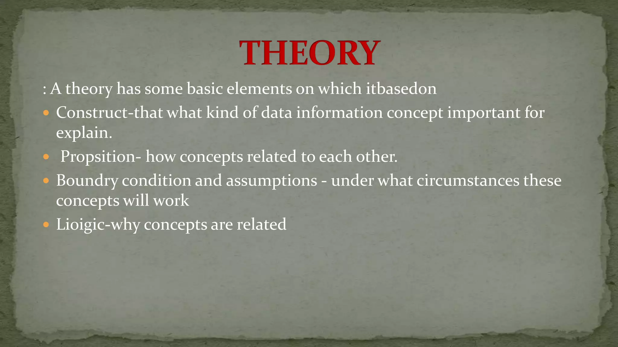 : A theory has some basic elements on which itbasedon
Construct-that what kind of data information concept important for
explain.
Propsition- how concepts related to each other.
Boundry condition and assumptions - under what circumstances these
concepts will work
Li0igic-why concepts are related