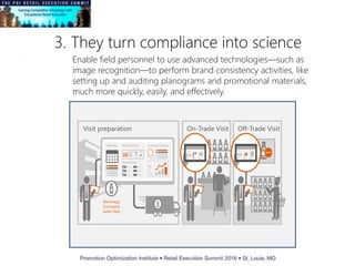 3. They turn compliance into science
Off-Trade VisitOn-Trade Visit
Route PlanningDaily Tasks
Store Address
Customer Contracts
Beverage
Company
Sales Rep
Visit preparation
First Pour Planograms
Compliance Check
Order
Volume
25.0
Liters
Compliance Check
Product
Placement
Promotions Planograms
Enable field personnel to use advanced technologies—such as
image recognition—to perform brand consistency activities, like
setting up and auditing planograms and promotional materials,
much more quickly, easily, and effectively.
 