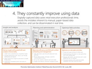 4. They constantly improve using data
Competitive Intelligence
Insight and analysis
Employee Performance Store Performance Visit Effectiveness
Availability
Derive insight with powerful BI and
analytics functionality
• Collect more comprehensive competitive insight
• Evaluate performance with robust, user-friendly
dashboards and reports
• Deliver self-service insight to executives to enable
timely action
• Understand competitive actions and areas of
opportunity
Optimize field activities
Assignment Location Planogram Check
On Premises Visits
Optimize on-site sales activities
• Create and assign activities for field users
• Disseminate key information so reps spend their
time onsite adding value
• Manage sales teams, user territories and create
additional users as required.
• Share best practices with social and mobile
capabilities that foster real-time action
Route PlanningDaily Tasks
Store Address
Planned Maintenance
Planning and administration
Field Technician
Maximize efficiency and ROI with unified
scheduling and management
• Help sales teams save time with advanced route
planning
• Review daily priorities, messages, customer
communications history
• Set up new solutions, features and users easily
• Enable more efficient, informed compliance audits
Sales
Manager
Digitally-captured data saves retail execution professionals time,
avoids the mistakes inherent to manual, paper-based data
collection, and can be disseminated in real time.
 