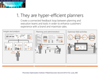 1. They are hyper-efficient planners
Competitive Intelligence
Insight and analysis
Employee Performance Store Performance Visit Effectiveness
Availability
Optimize field activities
Assignment Location Planogram Check
On Premises Visits
Route PlanningDaily Tasks
Store Address
Planned Maintenance
Planning and administration
Field Technician
Sales
Manager
Create a connected feedback loop between planning and
execution teams and tools in order to enhance customers’
experience with a brand and maximize sales.
 