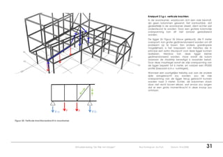 Knelpunt 3 t.g.v. verticale krachten:
                                                                                                      In de woonkamer, waarboven zich een vide bevindt,
                                                                                                      zijn geen kolommen gewenst. Het kantoorblok, dat
                                                                                                      gedeeltelijk in de woonkamer steekt, dient echter wel
                                                                                                      ondersteund te worden. Door een grotere kolomvrije
                                                                                                      overspanning kan dit niet zomaar gerealiseerd
                                                                                                      worden.
                                                                                                      De ligger (in Figuur 36 blauw gekleurd), die 9 meter
                                                                                                      overspant, kan groter gedimensioneerd worden om dit
                                                                                                      probleem op te lossen. Een andere, goedkopere
                                                                                                      mogelijkheid, is het toepassen van trekstrips die in
                                                                                                      principe een extra steunpunt voor deze ligger kunnen
                                                                                                      realiseren.  Hierdoor    kan    deze  ligger   kleiner
                                                                                                      gedimensioneerd worden, maar wordt de kolom
                                                                                                      waaraan de staalstrip bevestigd is zwaarder belast.
                                                                                                      Door deze maatregel wordt de vrije overspanning van
                                                                                                      de ligger beperkt tot 6 meter, en voldoet een IPE300
                                                                                                      profiel (bepaald d.m.v. vuistregels).
                                                                                                      Wanneer een soortgelijke trekstrip ook aan de andere
                                                                                                      zijde aangebracht zou worden, zou de vrije
                                                                                                      overspanning van de ligger terug gebracht kunnen
                                                                                                      worden naar 3 meter. Echter, de kolommen staan
                                                                                                      daar niet recht boven elkaar, wat ervoor zou zorgen
                                                                                                      dat er een grote momentkracht in deze knoop zou
                                                                                                      ontstaan.




                                     R;a        F        F           R;b


Figuur 50: Verticale krachtsoverdracht in woonkamer




                                                      Afstudeerverslag “De Wijk van Morgen”   Roy Konings en Jos Puts     Datum: 10-4-2008             31
 