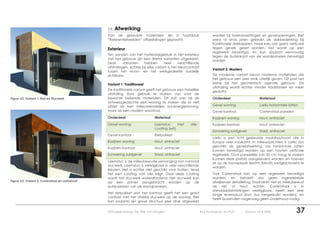 13.   Afwerking
                                                  Van de gebruikte materialen zijn in hoofdstuk                         worden bij hoekomzettingen en gevelopeningen. Riet
                                                  “Referentiebeelden” afbeeldingen geplaatst.                           werd al sinds jaren gebruikt als dakbedekking bij
                                                                                                                        traditionele dakkappen, maar kan ook goed verticaal
                                                  Exterieur                                                             tegen gevels gezet worden. Het wordt op een
                                                                                                                        regelwerk bevestigd, en kan daarom eenvoudig
                                                  Ten aanzien van het materiaalgebruik in het exterieur
                                                                                                                        tegen de buitenkant van de wandpanelen bevestigd
                                                  van het gebouw zijn een drietal varianten uitgewerkt.
                                                                                                                        worden.
                                                  Deze       varianten   hebben       heel      verschillende
                                                  uitstralingen, echter bij elke variant is het kleurcontrast
                                                                                                                        Variant 2: Modern
                                                  tussen het woon- en het werkgedeelte duidelijk
                                                  zichtbaar.                                                            De moderne variant bevat moderne materialen die
                                                                                                                        het gebouw een zeer strak uiterlijk geven. Dit past het
                                                  Variant 1: Traditioneel                                               beste bij het geometrisch ogende gebouw. De
                                                                                                                        uitstraling wordt echter minder traditioneel en meer
                                                  De traditionele variant geeft het gebouw een huiselijke
                                                                                                                        gedurfd.
                                                  uitstraling door gebruik te maken van voor de
Figuur 62: Variant 1: Riet en Stucwerk            bewoner bekende materialen. Dit sluit aan bij de                      Onderdeel                    Materiaal
                                                  ontwerpgedachte een woning te maken die er niet
                                                  uitziet als een milieuvriendelijke nul-energiewoning,                 Gevel woning                 Lariks horizontale latten
                                                  maar als een modern woonhuis.                                         Gevel kantoor                Cortenstaal panelen
                                                  Onderdeel                     Materiaal                               Kozijnen woning              Hout, antraciet
                                                  Gevel woning                  Leemstuc      met      olie-            Kozijnen kantoor             Hout, antraciet
                                                                                coating (wit)
                                                                                                                        Zonwering zuidgevel          Staal, antraciet
                                                  Gevel kantoor                 Rietpakket
                                                                                                                        Lariks is een licht gekleurde naaldhoutsoort die in
                                                  Kozijnen woning               Hout, antraciet                         Europa veel voorkomt. In milieuopzichten is Lariks dus
                                                  Kozijnen kantoor              Hout, antraciet                         geschikt als gevelafwerking. De horizontale latten
                                                                                                                        kunnen bevestigd worden op een houten verticale
                                                  Zonwering zuidgevel           Staal, antraciet                        regelwerk. Door paneeltjes van 50 cm hoog te maken
                                                                                                                        kunnen deze prefab aangeleverd worden en hoeven
                                                  Leemstuc is de milieubewuste vervanging van normaal
                                                                                                                        ze op de bouwplaats slechts (blind!) vastgeschroefd te
                                                  stucwerk. Leemstuc is verkrijgbaar in veel verschillende
                                                                                                                        worden.
                                                  kleuren. Het is echter niet geschikt voor buiten, tenzij
                                                  het een coating van olie krijgt. Door deze coating                    Ook Cortenstaal kan op een regelwerk bevestigd
                                                  wordt het stucwerk waterafstotend. Het stucwerk kan                   worden, en behoeft dus geen ingewikkelde
Figuur 63: Variant 2: Cortenstaal en Larikshout   op een primer aangebracht worden op de                                afwijkende detaillering. Staal klinkt niet zo milieubewust
                                                  buitenplaten van de wandpanelen.                                      als riet of hout, echter, Cortenstaal is in
                                                                                                                        standaardafmetingen verkrijgbaar, heeft een zeer
                                                  Het rietpakket aan het kantoor geeft het een groot
                                                                                                                        lange levensduur (kan dus hergebruikt worden), en
                                                  contrast met het strakke stucwerk op de woning. Riet
                                                                                                                        heeft bovendien nagenoeg geen onderhoud nodig.
                                                  kan ondanks zijn grove structuur zeer strak afgewerkt


                                                  Afstudeerverslag “De Wijk van Morgen”                         Roy Konings en Jos Puts     Datum: 10-4-2008                 37
 