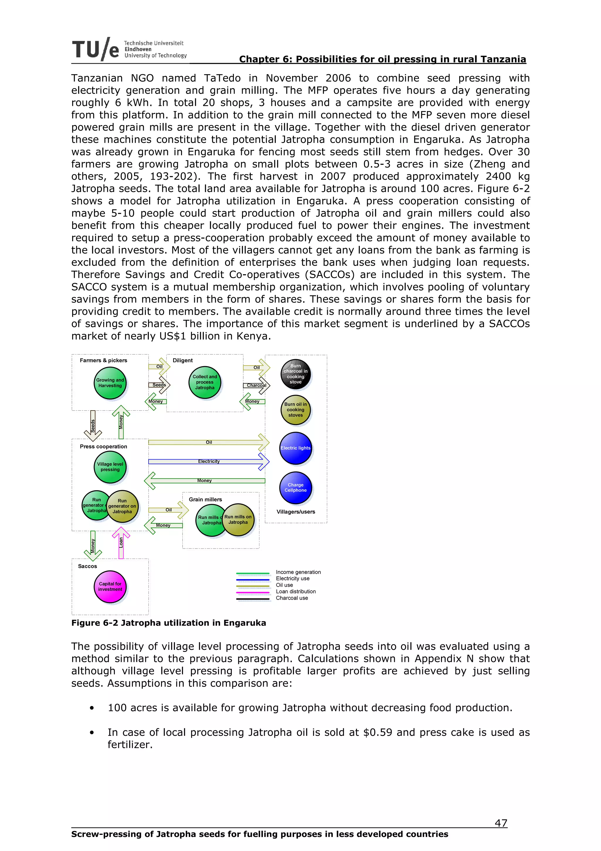 Chapter 6: Possibilities for oil pressing in rural Tanzania

Tanzanian NGO named TaTedo in November 2006 to combine seed pressing with
electricity generation and grain milling. The MFP operates five hours a day generating
roughly 6 kWh. In total 20 shops, 3 houses and a campsite are provided with energy
from this platform. In addition to the grain mill connected to the MFP seven more diesel
powered grain mills are present in the village. Together with the diesel driven generator
these machines constitute the potential Jatropha consumption in Engaruka. As Jatropha
was already grown in Engaruka for fencing most seeds still stem from hedges. Over 30
farmers are growing Jatropha on small plots between 0.5-3 acres in size (Zheng and
others, 2005, 193-202). The first harvest in 2007 produced approximately 2400 kg
Jatropha seeds. The total land area available for Jatropha is around 100 acres. Figure 6-2
shows a model for Jatropha utilization in Engaruka. A press cooperation consisting of
maybe 5-10 people could start production of Jatropha oil and grain millers could also
benefit from this cheaper locally produced fuel to power their engines. The investment
required to setup a press-cooperation probably exceed the amount of money available to
the local investors. Most of the villagers cannot get any loans from the bank as farming is
excluded from the definition of enterprises the bank uses when judging loan requests.
Therefore Savings and Credit Co-operatives (SACCOs) are included in this system. The
SACCO system is a mutual membership organization, which involves pooling of voluntary
savings from members in the form of shares. These savings or shares form the basis for
providing credit to members. The available credit is normally around three times the level
of savings or shares. The importance of this market segment is underlined by a SACCOs
market of nearly US$1 billion in Kenya.




Figure 6-2 Jatropha utilization in Engaruka

The possibility of village level processing of Jatropha seeds into oil was evaluated using a
method similar to the previous paragraph. Calculations shown in Appendix N show that
although village level pressing is profitable larger profits are achieved by just selling
seeds. Assumptions in this comparison are:

    •   100 acres is available for growing Jatropha without decreasing food production.

    •   In case of local processing Jatropha oil is sold at $0.59 and press cake is used as
        fertilizer.




                                                                                        47
Screw-pressing of Jatropha seeds for fuelling purposes in less developed countries
 