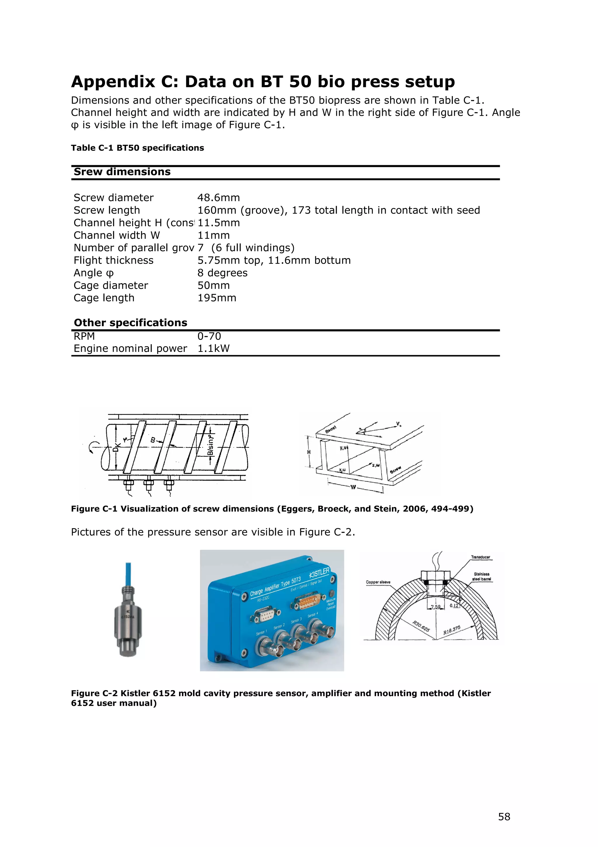 Appendix C: Data on BT 50 bio press setup
Dimensions and other specifications of the BT50 biopress are shown in Table C-1.
Channel height and width are indicated by H and W in the right side of Figure C-1. Angle
φ is visible in the left image of Figure C-1.

Table C-1 BT50 specifications


Srew dimensions

Screw diameter         48.6mm
Screw length           160mm (groove), 173 total length in contact with seed
Channel height H (constant)
                       11.5mm
Channel width W        11mm
Number of parallel groves (6 full windings)
                       7
Flight thickness       5.75mm top, 11.6mm bottum
Angle φ                8 degrees
Cage diameter          50mm
Cage length            195mm

Other specifications
RPM                  0-70
Engine nominal power 1.1kW




Figure C-1 Visualization of screw dimensions (Eggers, Broeck, and Stein, 2006, 494-499)

Pictures of the pressure sensor are visible in Figure C-2.




Figure C-2 Kistler 6152 mold cavity pressure sensor, amplifier and mounting method (Kistler
6152 user manual)




                                                                                              58
 