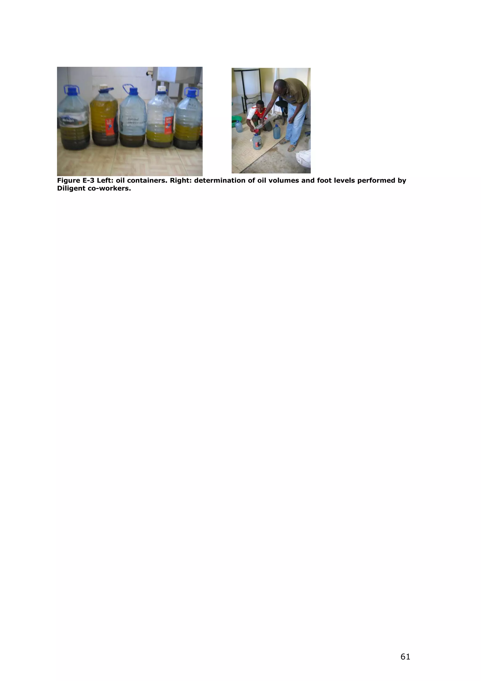 Figure E-3 Left: oil containers. Right: determination of oil volumes and foot levels performed by
Diligent co-workers.




                                                                                               61
 