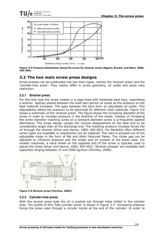 Chapter 3: The screw press




Figure 3-5 Pressure distribution along the screw for strainer press (Eggers, Broeck, and Stein, 2006,
494-499)


3.2 The two main screw press designs
Screw presses can be subdivided into two main types, namely the ‘strainer press’ and the
‘cylinder-hole press’. They mainly differ in screw geometry, oil outlet and press cake
restriction.

3.2.1   Strainer press
For this first type the screw rotates in a cage lined with hardened steel bars, resembling
a strainer. Spacers placed between the steel bars permit oil outlet as the pressure on the
feed material increases. The gaps between the bars form an adjustable oil outlet. This
adjustability allows the pressure to be optimized for different input materials. Figure 3-6
shows a schematic of the ‘strainer press’. The figure shows the increasing diameter of the
screw in order to increase pressure in the direction of the choke. Instead of increasing
the screw diameter inserting cones on a constant diameter screw is a frequently applied
alternative. The screw design causes the volume displacement at the feed end to be
considerably larger than at the discharge end. The resulting pressure increase forces the
oil through the strainer (Khan and Hanna, 1983, 495-503). For flexibility often different
screw types are available or subsections can be replaced. The cake is pressed out of the
adjustable choke in the form of flat and often fractured flakes. The choke gap can be
adjusted to influence pressure and the shape and oil content of the press cake. For
smaller machines, a hand wheel on the opposite end of the screw is typically used to
adjust the choke (Khan and Hanna, 1983, 495-503). ‘Strainer presses’ are available with
capacities ranging between 15 and 2000 kg/hour (Ferchau, 2000).




Figure 3-6 Strainer press (Ferchau, 2000).

3.2.2   Cylinder-hole press
With the second press type the oil is pushed out through holes drilled in the cylinder
tube. The profile of this ‘hole cylinder press’ is shown in Figure 3-7. Increasing pressure
forces the press cake through a circular nozzle at the end of the cylinder. In order to




                                                                                             14
Screw-pressing of Jatropha seeds for fuelling purposes in less developed countries
 