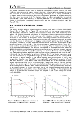 Chapter 5: Results and discussion

                          can appear conflicting at first sight. It might be contributed to better filling of the voids
                          inside the worm channel at higher pressure therefore enhancing the press’s performance.
                          The increase in temperature with decreasing restriction size is easily explained by
                          increased resistance and pressure. Although oil recovery is highest at smaller restriction
                          size there is an operational limit. The tightest setting of 0.6mm exceeded the operational
                          limit of the Sayari press resulting in severe jamming. For this reason corresponding
                          values for throughput, temperature and pressure are not indicated in Figure 5-4 a and
                          Figure 5-4 b.

                          5.4 Influence of moisture content
                          BT50
                          The results of press tests for varying moisture content using the BT50 press are shown in
                          Figure 5-5 a to Figure 5-5 c. Figure 5-5 a shows that with increasing moisture content
                          the throughput decreases, although the decrease is less than with increasing screw
                          speed. The effect of moisture content on oil recovery is on the other hand considerable.
                          Only part of the decrease in oil recovery with increased moisture content can be
                          attributed to the increase in throughput. When comparing Figure 5-5 a to Figure 5-2 a it
                          is apparent that with increasing moisture content the increase in throughput is smaller
                          and the decrease in oil recovery is bigger, which directly points out that changes in
                          throughput caused by varying moisture content are an insufficient explanation for the
                          occurring changes in oil recovery. The strong decrease in pressure visible in Figure 5-5 a
                          hints another cause for the reduction in oil recovery. Higher moisture content might
                          cause increased deformability and reduced rupture fore as suggested by Singh & Bargale
                          (2000). In addition emulsification or plasticizing effects occurring in the pressed material
                          at higher moisture levels reduce the viscosity and thereby decrease pressure build-up.
                          This pressure drop seems an appropriate explanation for the rapid decline in oil recovery
                          in Figure 5-5 a. The suggestion by Willems (Willems, 2007) that during expression water
                          can only be removed by evaporation brings up another contribution to the cooling effect.
                          The amount of water present in the seeds however seems insufficient to induce the
                          temperature drop by more then 50%. A more plausible explanation is a cooling effect of
                          the input material. Lower friction and pressure build-up due to the reduced viscosity
                          reduce heat generation at higher moisture content. The cooling effect of the cold material
                          entering the press might in this case counterbalance heat generation or even lead to
                          faster cooling than is the case after normal experiments. Although oil recovery is optimal
                          for a moisture content of 2.14% this might not be the optimal processing conditions as
                          the oil temperature reaches high values that could lead to changes in the composition of
                          the oil as is the case for rapeseed (Singh and Bargale, 2000, 75-82;Zheng and others,
                          2005, 193-202).

                                    Oil recovery                                  Throughput                                                          Pressure                             Temperature

                          100                                                                                                               350

                                                                                                 14                                                                                                       120
                                                                                                                                            300
                                                                                                                                                                                                                Temperature (degrees Celsius)




                           80                                                                    12
                                                                                                                                                                                                          100
                                                                                                                                            250
Oil recovery (%oil/oil)




                                                                                                 10
                                                                                                      Throughput (kg/hr)




                                                                                                                                                                                                          80
                                                                                                                           Pressure (bar)




                           60
                                                                                                                                            200
                                                                                                 8
                                                                                                                                                                                                          60
                                                                                                                                            150
                           40                                                                    6

                                                                                                                                                                                                          40
                                                                                                                                            100
                                                                                                 4
                           20
                                                                                                                                             50                                                           20
                                                                                                 2


                           0                                                                      0                                           0                                                           0
                                1   2   3   4      5   6   7   8   9   10   11   12   13   14   15                                                2        4         6        8      10        12   14
                                                Moisture content (wt% w.b.)                                                                                      Moisture content (wt% w.b.)


Figure 5-5 a Influence of moisture content on oil                                                                               Figure 5-5 b Influence of moisture content on
recovery and throughput for the BT50 press                                                                                      temperature and pressure for the BT50 press




                                                                                                                                                                                                     30
                          Screw-pressing of Jatropha seeds for fuelling purposes in less developed countries
 