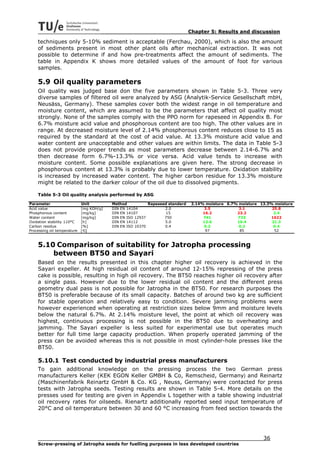Chapter 5: Results and discussion

    techniques only 5-10% sediment is acceptable (Ferchau, 2000), which is also the amount
    of sediments present in most other plant oils after mechanical extraction. It was not
    possible to determine if and how pre-treatments affect the amount of sediments. The
    table in Appendix K shows more detailed values of the amount of foot for various
    samples.

    5.9 Oil quality parameters
    Oil quality was judged base don the five parameters shown in Table 5-3. Three very
    diverse samples of filtered oil were analyzed by ASG (Analytik-Service Gesellschaft mbH,
    Neusäss, Germany). These samples cover both the widest range in oil temperature and
    moisture content, which are assumed to be the parameters that affect oil quality most
    strongly. None of the samples comply with the PPO norm for rapeseed in Appendix B. For
    6.7% moisture acid value and phosphorous content are too high. The other values are in
    range. At decreased moisture level of 2.14% phosphorous content reduces close to 15 as
    required by the standard at the cost of acid value. At 13.3% moisture acid value and
    water content are unacceptable and other values are within limits. The data in Table 5-3
    does not provide proper trends as most parameters decrease between 2.14-6.7% and
    then decrease form 6.7%-13.3% or vice versa. Acid value tends to increase with
    moisture content. Some possible explanations are given here. The strong decrease in
    phosphorous content at 13.3% is probably due to lower temperature. Oxidation stability
    is increased by increased water content. The higher carbon residue for 13.3% moisture
    might be related to the darker colour of the oil due to dissolved pigments.

    Table 5-3 Oil quality analysis performed by ASG

Parameter                    Unit         Method           Rapeseed standard    2.14% moisture 6.7% moisture 13.3% moisture
Acid value                   [mg KOH/g]   DIN EN 14104            2.0                3.5            3.1           25.8
Phosphorous content          [mg/kg]      DIN EN 14107            15                 16.2          23.2            2.4
Water content                [mg/kg]      DIN EN ISO 12937        750                741           733           1622
Oxidation stability 110°C    [h]          DIN EN 14112            5.0                12.6          10.4           21.3
Carbon residue               [%]          DIN EN ISO 10370        0.4                0.2            0.2            0.4
Processing oil temperature   [°C]                                                     97            85             52



    5.10 Comparison of suitability for Jatropha processing
        between BT50 and Sayari
    Based on the results presented in this chapter higher oil recovery is achieved in the
    Sayari expeller. At high residual oil content of around 12-15% repressing of the press
    cake is possible, resulting in high oil recovery. The BT50 reaches higher oil recovery after
    a single pass. However due to the lower residual oil content and the different press
    geometry dual pass is not possible for Jatropha in the BT50. For research purposes the
    BT50 is preferable because of its small capacity. Batches of around two kg are sufficient
    for stable operation and relatively easy to condition. Severe jamming problems were
    however experienced when operating at restriction sizes below 9mm and moisture levels
    below the natural 6.7%. At 2.14% moisture level, the point at which oil recovery was
    highest, continuous processing is not possible in the BT50 due to overheating and
    jamming. The Sayari expeller is less suited for experimental use but operates much
    better for full time large capacity production. When properly operated jamming of the
    press can be avoided whereas this is not possible in most cylinder-hole presses like the
    BT50.

    5.10.1 Test conducted by industrial press manufacturers
    To gain additional knowledge on the pressing process the two German press
    manufacturers Keller (KEK EGON Keller GMBH & Co, Remscheid, Germany) and Reinartz
    (Maschinenfabrik Reinartz GmbH & Co. KG , Neuss, Germany) were contacted for press
    tests with Jatropha seeds. Testing results are shown in Table 5-4. More details on the
    presses used for testing are given in Appendix L together with a table showing industrial
    oil recovery rates for oilseeds. Rienartz additionally reported seed input temperature of
    20°C and oil temperature between 30 and 60 °C increasing from feed section towards the




                                                                                                              36
    Screw-pressing of Jatropha seeds for fuelling purposes in less developed countries
 