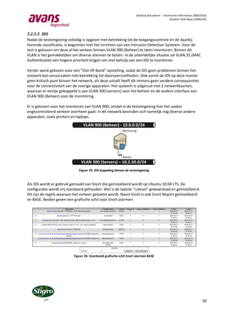 Deeltijd afstuderen – Technische Informatica 2009/2010
                                                                                                  Student: Rob Maas (2006370)



5.2.5.5 IDS
Nadat de testomgeving volledig is opgezet met betrekking tot de toegangscontrole en de daarbij
horende classificatie, is begonnen met het inrichten van een Intrusion Detection Systeem. Voor de
test is gekozen om deze al het verkeer binnen VLAN 900 (Beheer) te laten monitoren. Binnen dit
VLAN is het gemakkelijker om diverse alarmen te testen. In de uiteindelijke situatie zal VLAN 31 (MAC
Authenticatie) een hogere prioriteit krijgen om met behulp van een IDS te monitoren.

Verder werd gekozen voor een “Out-Of-Band” opstelling, zodat de IDS geen problemen binnen het
netwerk kan veroorzaken met betrekking tot doorvoersnelheden. Ook vormt de IDS op deze manier
geen kritisch punt binnen het netwerk, als deze uitvalt heeft dit immers geen verdere consequenties
voor de connectiviteit van de overige apparaten. Het systeem is uitgerust met 2 netwerkkaarten,
waarvan er eentje gekoppeld is aan VLAN 300 (servers) voor het beheer en de andere interface aan
VLAN 900 (Beheer) voor de monitoring.

Er is gekozen voor het monitoren van VLAN 900, omdat in de testomgeving hier het vaakst
ongecontroleerd verkeer overheen gaat. In dit netwerk bevinden zich namelijk nog diverse andere
apparaten, zoals printers en laptops.
                                 VLAN 900 (Beheer) - 10.0.0.0/24
                                                               Monitoring




                                                        .3
                                                         IDS
                                                               Beheer
                               VLAN 300 (Servers) – 10.2.50.0/24
                              Figuur 25: IDS koppeling binnen de testomgeving



Als IDS wordt er gebruik gemaakt van Snort die geïnstalleerd wordt op Ubuntu 10.04 LTS. De
configuratie wordt vrij standaard gehouden. Wel is de laatste “ruleset” gedownload en geïnstalleerd.
Dit zijn de regels waaraan het verkeer getoetst wordt. Naast Snort is ook Snort Report geïnstalleerd
en BASE. Beiden geven een grafische schil voor Snort alarmen.




                           Figuur 26: Voorbeeld grafische schil Snort alarmen BASE




                                                                                                                          50
 