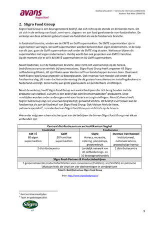 Deeltijd afstuderen – Technische Informatica 2009/2010
                                                                                                  Student: Rob Maas (2006370)




2. Sligro Food Group
Sligro Food Group is een beursgenoteerd bedrijf, dat zich richt op de etende en drinkende mens. Dit
uit zich in de verkoop van food-, semi-vers-, dagvers- en aan food gerelateerde non-foodartikelen. De
verkoop van deze artikelen gebeurt zowel via foodretail als via de foodservice branche.

In foodretail branche, vinden we de EMTÉ en Golff supermarkten. De EMTÉ supermarkten zijn in
eigen beheer van Sligro. De Golff supermarkten worden beheerd door eigen ondernemers. In de loop
van dit jaar, gaan de Golff supermarkten ook onder de EMTÉ vlag draaien. Weliswaar blijven dit
supermarkten met eigen ondernemers. Hierbij wordt dan ook gesproken van EMTÉ Franchise.
Op dit moment zijn er zo’n 80 EMTÉ supermarkten en 50 Golff supermarkten.

Naast foodretail, is er de foodservice branche, deze richt zich voornamelijk op de horeca,
bedrijfsrestaurants en winkels bij benzinestations. Sligro Food Group heeft ongeveer 45 Sligro
zelfbedieningsfilialen, dit zijn filialen waar klanten zelf hun boodschappen kunnen doen. Daarnaast
heeft Sligro Food Group ongeveer 10 bezorglocaties. Ook Inversco-Van Hoeckel valt onder de
foodservice vlag, dit is een dochteronderneming die de grotere horecaketens en instellingskeukens in
Nederland verzorgt. Denk hierbij aan grote gaarkeukens en penitentiaire inrichtingen.

Naast de verkoop, heeft Sligro Food Group een aantal bedrijven die zich bezig houden met de
productie van voedsel. Culivers is een bedrijf dat conveniencemaaltijden1 produceert. Deze
maaltijden worden onder andere gemaakt voor horeca en zorginstellingen. Naast Culivers heeft
Sligro Food Group nog een visverwerkingsbedrijf, genaamd SmitVis. Dit bedrijf levert zowel aan de
foodservice als aan de foodretail van Sligro Food Group. Ook Maison Niels de Veye,
patisseriespecialist2, is onderdeel van Sligro Food Group en richt zich op de horeca.

Hieronder volgt een schematische opzet van de bedrijven die binnen Sligro Food Group met elkaar
verbonden zijn:

                            Centraal distributiecentrum en hoofdkantoor Veghel
                        Foodretail                                        Foodservice
           EM-TÉ                        Golff                    Sligro           Inversco-Van Hoeckel
          80 eigen                  50 franchise           Horeca, recreatie,         Institutioneel,
       supermarkten                supermarkten          catering, pompshops,        nationale ketens,
                                                             grootverbruik         grootschalige horeca
                   2 distributiecentra                   Landelijk netwerk van      2 distributiecentra
                                                         45 zelfbedienings- en
                                                        10 bezorggroothandels
                                 Sligro Fresh Partners & Productiebedrijven
      5 gespecialiseerde productiefaciliteiten voor convenience (CuliVers), vis (SmitVis) en patisserie
                       (Maisson Niels de Veye) en vier deelnemingen in versbedrijven
                                   Tabel 1: Bedrijfsstructuur Sligro Food Group

                                      Bron: http://www.sligrofoodgroup.nl




1
    Kant en klaarmaaltijden
2
    Taart en gebakspecialist




                                                                                                                            9
 