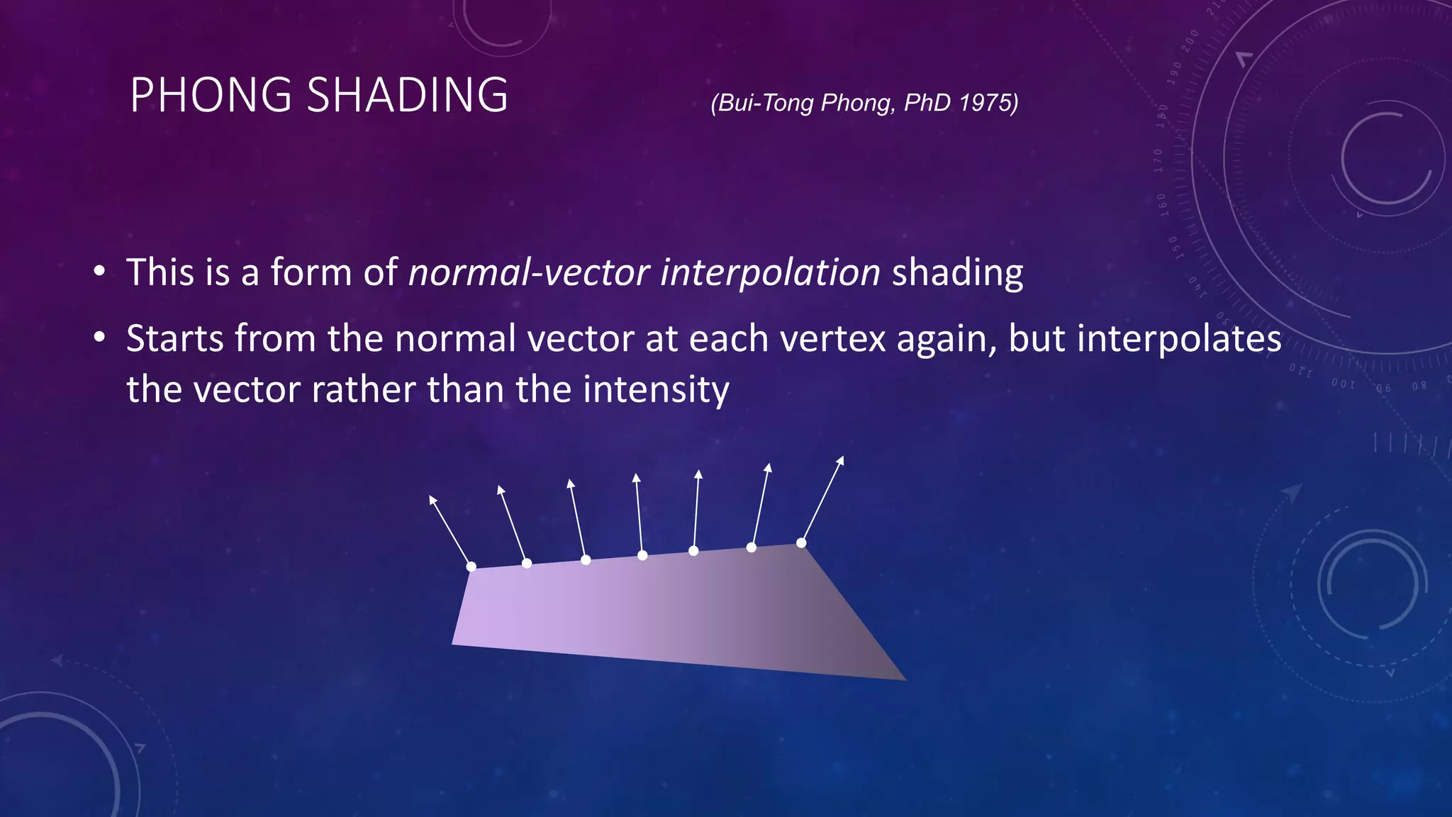 PHONG SHADING
• This is a form of normal-vector interpolation shading
• Starts from the normal vector at each vertex again, but interpolates
the vector rather than the intensity
(Bui-Tong Phong, PhD 1975)
 