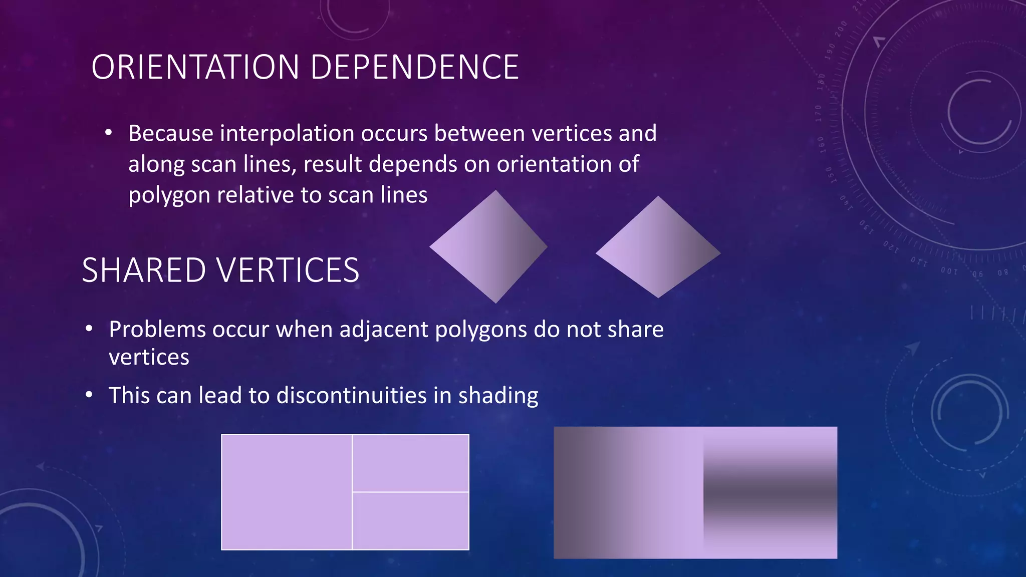 ORIENTATION DEPENDENCE
• Because interpolation occurs between vertices and
along scan lines, result depends on orientation of
polygon relative to scan lines
SHARED VERTICES
• Problems occur when adjacent polygons do not share
vertices
• This can lead to discontinuities in shading
 