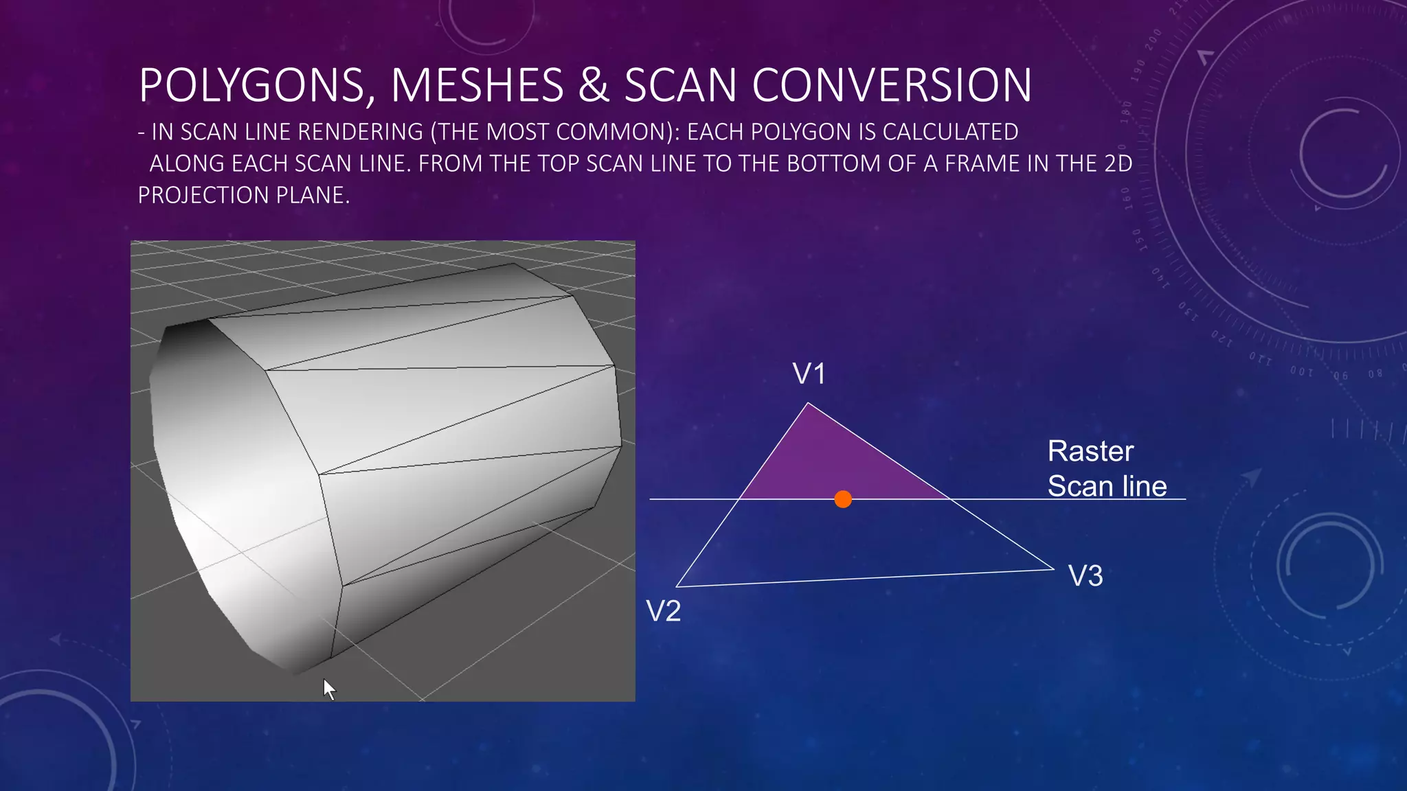 POLYGONS, MESHES & SCAN CONVERSION
- IN SCAN LINE RENDERING (THE MOST COMMON): EACH POLYGON IS CALCULATED
ALONG EACH SCAN LINE. FROM THE TOP SCAN LINE TO THE BOTTOM OF A FRAME IN THE 2D
PROJECTION PLANE.
V2
V3
Raster
Scan line
V1
 