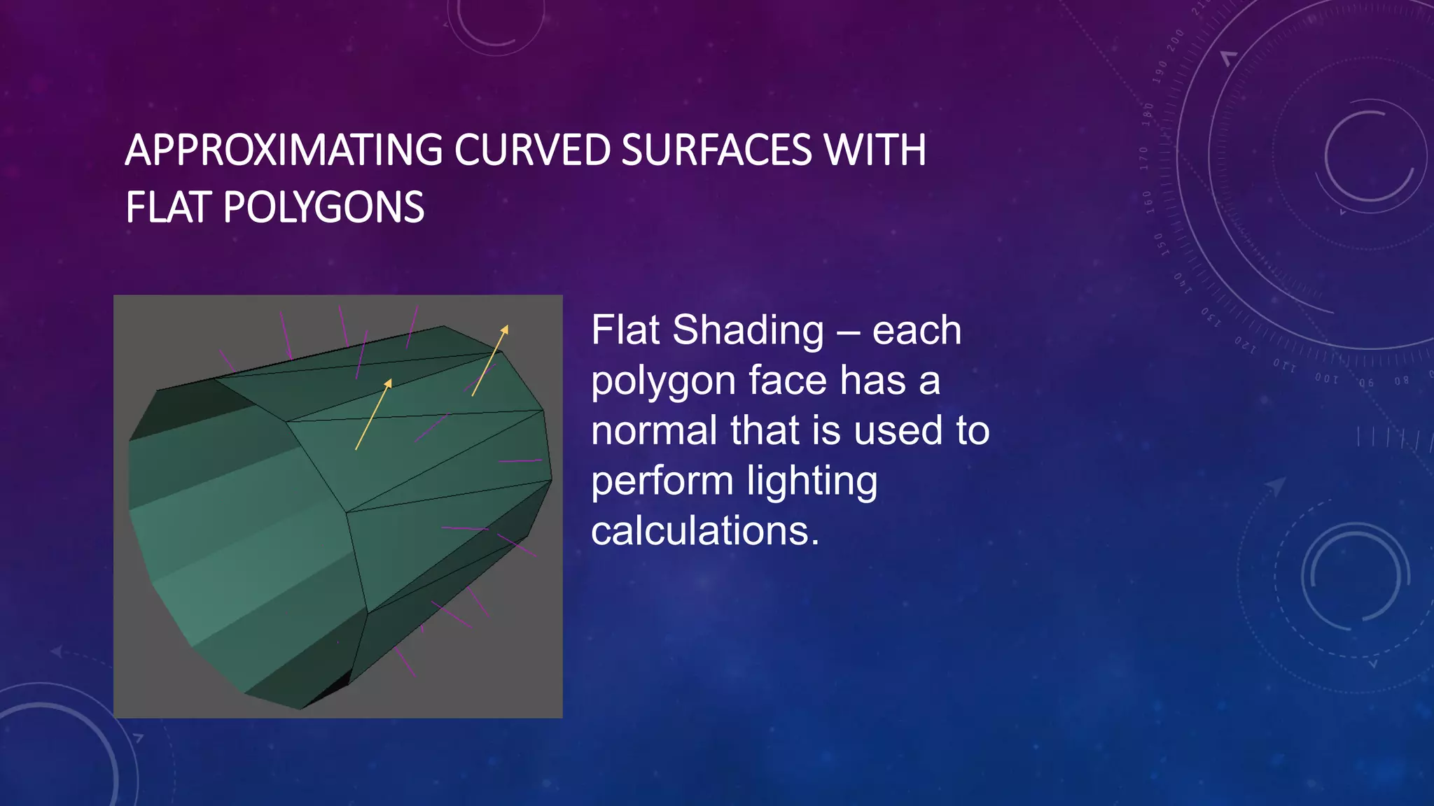 APPROXIMATING CURVED SURFACES WITH
FLAT POLYGONS
Flat Shading – each
polygon face has a
normal that is used to
perform lighting
calculations.
 