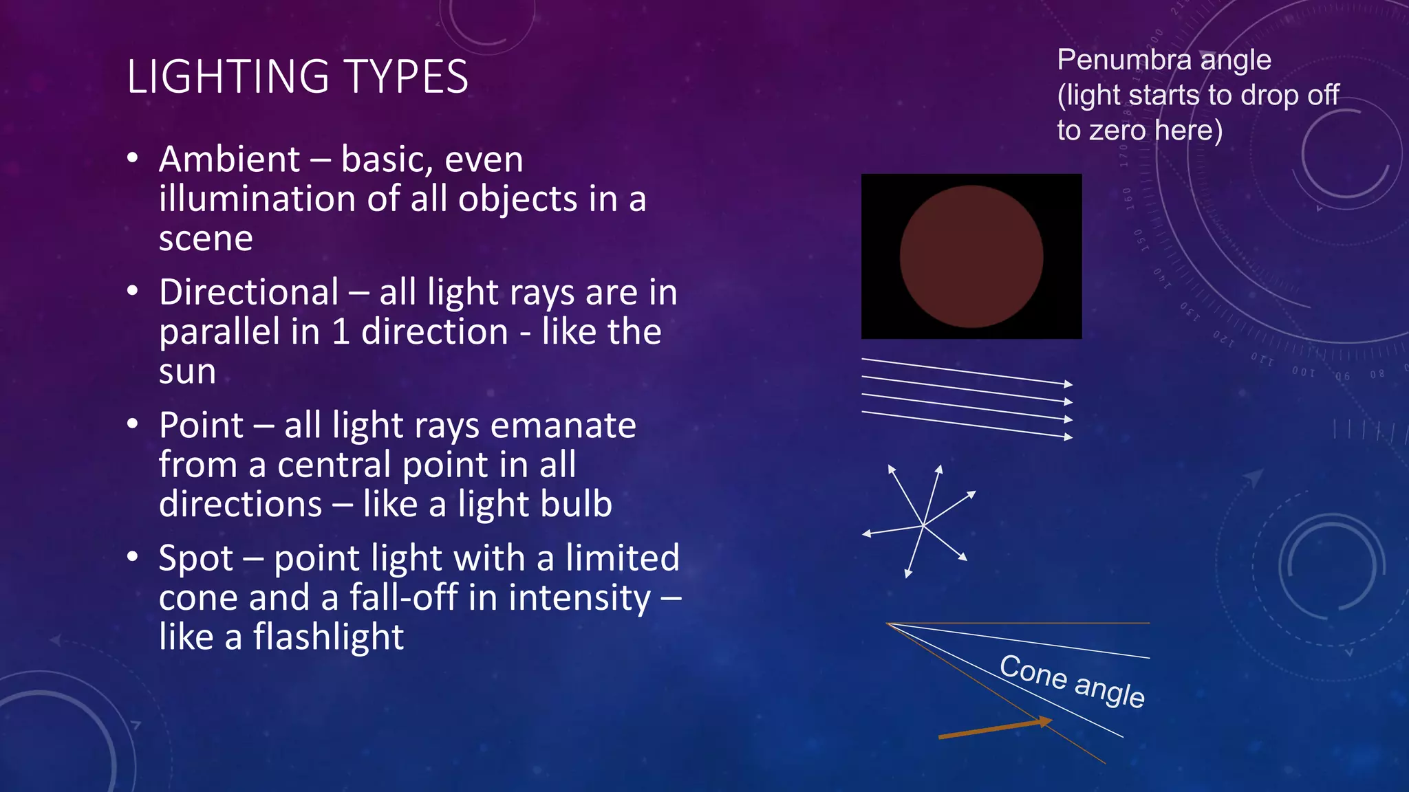 LIGHTING TYPES
• Ambient – basic, even
illumination of all objects in a
scene
• Directional – all light rays are in
parallel in 1 direction - like the
sun
• Point – all light rays emanate
from a central point in all
directions – like a light bulb
• Spot – point light with a limited
cone and a fall-off in intensity –
like a flashlight
Penumbra angle
(light starts to drop off
to zero here)
 