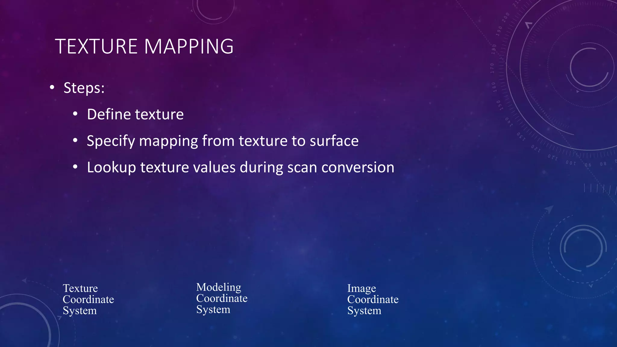 TEXTURE MAPPING
• Steps:
• Define texture
• Specify mapping from texture to surface
• Lookup texture values during scan conversion
Modeling
Coordinate
System
Image
Coordinate
System
Texture
Coordinate
System
 