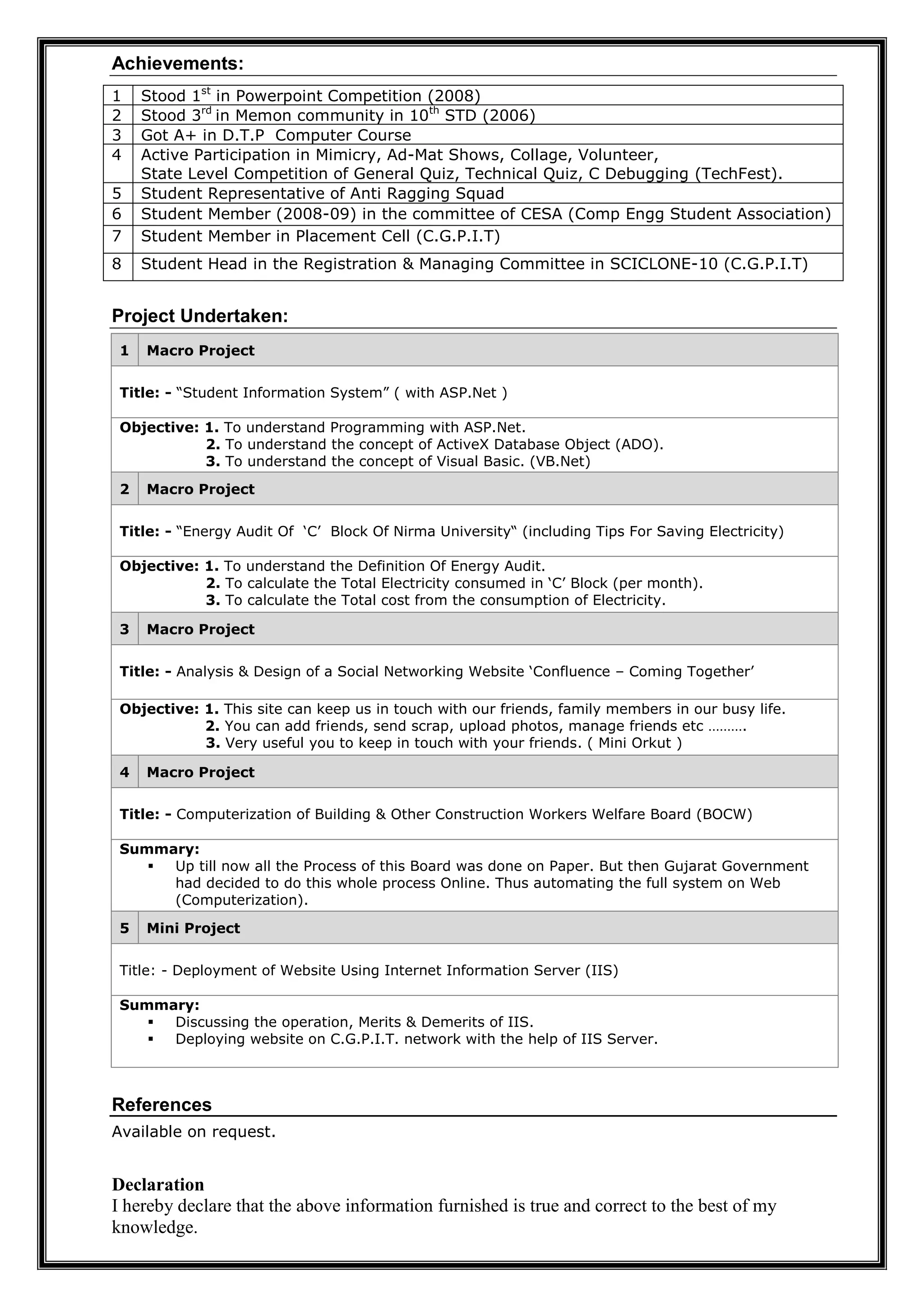 Achievements:
1    Stood 1st in Powerpoint Competition (2008)
2    Stood 3rd in Memon community in 10th STD (2006)
3    Got A+ in D.T.P Computer Course
4    Active Participation in Mimicry, Ad-Mat Shows, Collage, Volunteer,
     State Level Competition of General Quiz, Technical Quiz, C Debugging (TechFest).
5    Student Representative of Anti Ragging Squad
6    Student Member (2008-09) in the committee of CESA (Comp Engg Student Association)
7    Student Member in Placement Cell (C.G.P.I.T)
8    Student Head in the Registration & Managing Committee in SCICLONE-10 (C.G.P.I.T)


Project Undertaken:
 1   Macro Project


 Title: - “Student Information System” ( with ASP.Net )

 Objective: 1. To understand Programming with ASP.Net.
            2. To understand the concept of ActiveX Database Object (ADO).
            3. To understand the concept of Visual Basic. (VB.Net)

 2   Macro Project


 Title: - “Energy Audit Of „C‟ Block Of Nirma University“ (including Tips For Saving Electricity)

 Objective: 1. To understand the Definition Of Energy Audit.
            2. To calculate the Total Electricity consumed in „C‟ Block (per month).
            3. To calculate the Total cost from the consumption of Electricity.

 3   Macro Project


 Title: - Analysis & Design of a Social Networking Website „Confluence – Coming Together‟

 Objective: 1. This site can keep us in touch with our friends, family members in our busy life.
            2. You can add friends, send scrap, upload photos, manage friends etc ……….
            3. Very useful you to keep in touch with your friends. ( Mini Orkut )

 4   Macro Project

 Title: - Computerization of Building & Other Construction Workers Welfare Board (BOCW)

 Summary:
     Up till now all the Process of this Board was done on Paper. But then Gujarat Government
      had decided to do this whole process Online. Thus automating the full system on Web
      (Computerization).

 5   Mini Project


 Title: - Deployment of Website Using Internet Information Server (IIS)

 Summary:
     Discussing the operation, Merits & Demerits of IIS.
     Deploying website on C.G.P.I.T. network with the help of IIS Server.



References
Available on request.


Declaration
I hereby declare that the above information furnished is true and correct to the best of my
knowledge.
 