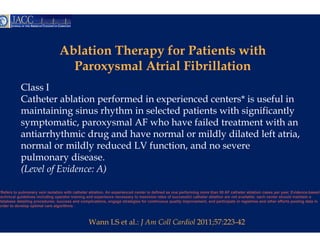 Ablation Therapy f Patients with
                                  bl i     h    y for     i       ih
                                   Paroxysmal Attrial Fibrillation
           Class I
           Catheter ablation performed in e
                                          experienced centers* is useful in
           maintaining sinus rhythm i sele t d patients with significantly
              i t i i     i     h th in lected ti t       ith i ifi     tl
           symptomatic, paroxysmal AF wh have failed treatment with an
                                          ho
           antiarrhythmic drug and have no
                     y          g         ormal or mildly dilated left atria,
                                                        y
           normal or mildly reduced LV funnction, and no severe
           pulmonary disease.
           (Level of Evidence: A)

*Refers to pulmonary vein isolation with catheter ablation. An experienced center is defin as one performing more than 50 AF catheter ablation cases per year. Evidence-based
                                                                                         ned
technical guidelines including operator training and experience necessary to maximize ra ates of successful catheter ablation are not available; each center should maintain a
database detailing procedures; success and complications engage strategies for continu
                                              complications,                             uous quality improvement, and participate in registries and other efforts pooling data in
                                                                                                      improvement
order to develop optimal care algorithms .



                                                 Wann LS et al.: J Am C Cardiol 2011;57:223-42
                                                                      Coll
 