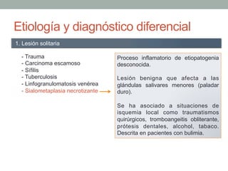 Etiología y diagnóstico diferencial
- Trauma
- Carcinoma escamoso
- Sífilis
- Tuberculosis
- Linfogranulomatosis venérea
- Sialometaplasia necrotizante
1. Lesión solitaria
Proceso inflamatorio de etiopatogenia
desconocida.
Lesión benigna que afecta a las
glándulas salivares menores (paladar
duro).
Se ha asociado a situaciones de
isquemia local como traumatismos
quirúrgicos, tromboangeitis obliterante,
prótesis dentales, alcohol, tabaco.
Descrita en pacientes con bulimia.
 