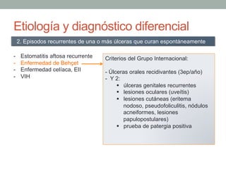 Etiología y diagnóstico diferencial
-  Estomatitis aftosa recurrente
-  Enfermedad de Behçet
-  Enfermedad celíaca, EII
-  VIH
2. Episodos recurrentes de una o más úlceras que curan espontáneamente
Criterios del Grupo Internacional:
- Úlceras orales recidivantes (3ep/año)
- Y 2:
§  úlceras genitales recurrentes
§  lesiones oculares (uveítis)
§  lesiones cutáneas (eritema
nodoso, pseudofoliculitis, nódulos
acneiformes, lesiones
papulopostulares)
§  prueba de patergia positiva
 