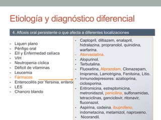 Etiología y diagnóstico diferencial
-  Liquen plano
-  Pénfigo oral
-  EII y Enfermedad celíaca
-  VIH
-  Neutropenia cíclica
-  Déficit de vitaminas
-  Leucemia
-  Fármacos
-  Enterocolitis por Yersinia, enterocolitis tuberculosa y fiebre tifoidea
-  LES
-  Chancro blando
4. Aftosis oral persistente o que afecta a diferentes localizaciones
-  Captopril, diltiazem, enalapril,
hidralazina, propranolol, quinidina,
warfarina.
-  Atorvastatina.
-  Alopurinol.
-  Terbutalina.
-  Fluoxetina, Alprazolam, Clonazepam,
Imipramia, Lamotrigina, Fenitoina, Litio.
-  Inmunodepresores: azatioprina,
ciclosporina.
-  Eritromicina, estreptomicina,
metronidazol, penicilina, sulfonamidas,
tetraciclinas, ganciclovir, ritonavir,
fluconazol.
-  Aspirina, codeina, ibuprofeno,
indometacina, metamizol, naproxeno.
- Nicorandil.
 