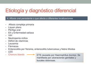 Etiología y diagnóstico diferencial
- Aftosis compleja primaria
-  Liquen plano
-  Pénfigo oral
-  EII y Enfermedad celíaca
-  VIH
-  Neutropenia ciclica
-  Déficit de vitaminas
-  Leucemia
-  Fármacos
-  Enterocolitis por Yersinia, enterocolitis tuberculosa y fiebre tifoidea
-  LES
-  Chancro blando
4. Aftosis oral persistente o que afecta a diferentes localizaciones
ETS causada por Haemophilus ducreyi. Se
manifiesta por ulceraciones genitales y
bucales dolorosas.
 