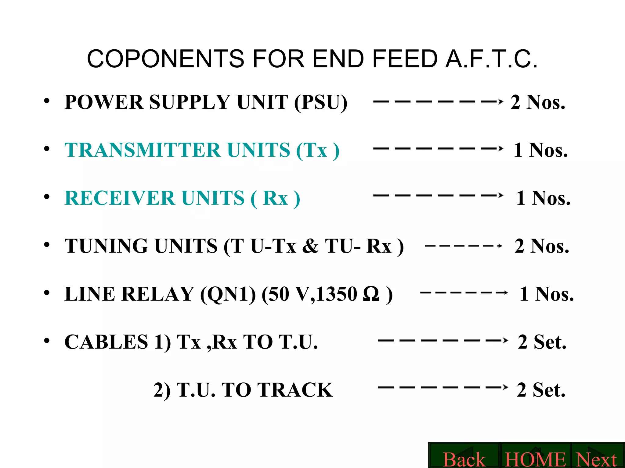 COPONENTS FOR END FEED A.F.T.C. POWER SUPPLY UNIT (PSU)  2 Nos. TRANSMITTER UNITS (Tx )                                  1 Nos. RECEIVER UNITS ( Rx )                                          1 Nos. TUNING UNITS (T U-Tx & TU- Rx )  2 Nos. LINE RELAY (QN1) (50 V,1350    )  1 Nos. CABLES 1) Tx ,Rx TO T.U.  2 Set. 2) T.U. TO TRACK  2 Set.  Next HOME Back 