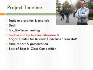Project Timeline Topic exploration & analysis Draft Faculty-Team meeting In-class visit by business librarian & Kogod Center for Business Communications staff  Final report & presentation  Best-of-Best-in-Class Competition 