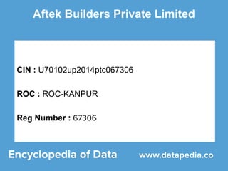 Aftek Builders Private Limited
CIN : U70102up2014ptc067306
ROC : ROC-KANPUR
Reg Number :