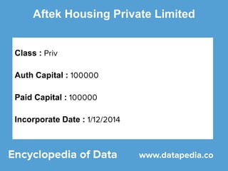 Aftek Housing Private Limited
Class :
Auth Capital :
Paid Capital :
Incorporate Date :
 
