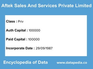 Aftek Sales And Services Private Limited
Class :
Auth Capital :
Paid Capital :
Incorporate Date :