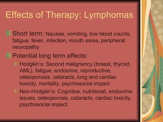 Effects of Therapy: Lymphomas Short term:  Nausea, vomiting, low blood counts, fatigue, fever, infection, mouth sores, peripheral neuropathy Potential long term effects: Hodgkin’s: Second malignancy (breast, thyroid, AML), fatigue, endocrine, reproductive, osteoporosis, cataracts, lung and cardiac toxicity, mortality, psychosocial impact  Non-Hodgkin’s: Cognitive, nutritional, endocrine issues, osteoporosis, cataracts, cardiac toxicity, psychosocial impact 