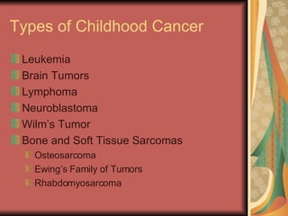 Types of Childhood Cancer Leukemia Brain Tumors Lymphoma Neuroblastoma Wilm’s Tumor Bone and Soft Tissue Sarcomas Osteosarcoma Ewing’s Family of Tumors Rhabdomyosarcoma 