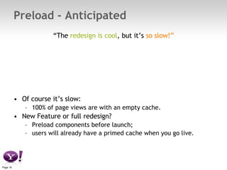 Preload - Anticipated “ The  redesign is cool , but it’s  so slow!” Of course it’s slow:  100% of page views are with an empty cache.  New Feature or full redesign? Preload components before launch;  users will already have a primed cache when you go live. 