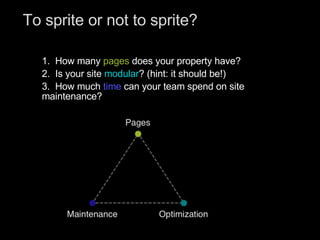 To sprite or not to sprite?  1.  How many  pages  does your property have? 2.  Is your site  modular ? (hint: it should be!) 3.  How much   time   can your team spend on site  maintenance? 