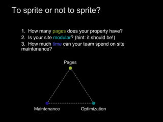 To sprite or not to sprite?  <ul><li>1.  How many  pages  does your property have? </li></ul><ul><li>2.  Is your site  mod...