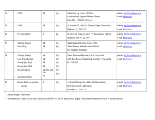 50.       1. COPA                        XII              1 yr.      Softron Ind. Trg. Centre, 10133-36                            website: http://tte.delhigovt.nic.in
                                                                     East Park Road, Opposite Filmistan Cinema                     e-mail: ddtte@nic.in
                                                                     Delhi-7 Ph.: 23554387, 23514167

51.       1. COPA                        XII              1 yr.      St. Gurubux ITC, 1683/7G, Todarmal Colony, Thana Road,        website: http://tte.delhigovt.nic.in
                                                                     Najafgarh, Ph.: 25011472                                      e-mail: ddtte@nic.in

52.       1. Electronics Mech.           X                2yr.       St. Johns Ind. Training Centre, 119, Anand Gram, Tahir Pur,   website: http://tte.delhigovt.nic.in
                                                                     Shahadra, Delhi Ph. 22573974                                  e-mail: ddtte@nic.in

53.       1. Cutting & Sewing            VIII             1 yr.      Sulabh Industrial Training Centre, RZ-83                      website: http://tte.delhigovt.nic.in
          2. Steno (Eng.)                XII              1 yr.      Sulabh Bhawan, Mahavir Enclave, Delhi-45                      e-mail: ddtte@nic.in
                                                                     Ph.: 25038093, 25032043

54.       1. Cutting & Sewing            VIII             1 yr.      Swami Shivanand Memorial Instt. Of Fine Art and               website: http://tte.delhigovt.nic.in
          2. Emb. & Needle Work          VIII             1 yr.      Craft, East Avenue, Punjabi Bagh Road, No. 31, New Delhi      e-mail: ddtte@nic.in
          3. Stenography (Eng.)          XII              1 yr.      Ph.: 25103555
          4. Stenography (Hindi)         XII              1 yr.
          5. Dress Designing             VIII+NTC Cutt.   1 yr.
                                         Tail.
                                                          1 yr.
                                         XII
          6. Secretarial Practice

55.       1. General Mech-cum-machine    X                1 yr.      Technical Training Centre (Blind Relief Association),         website: http://tte.delhigovt.nic.in
                  operator                                           Near Oberoi Hotel, Lodhi Colony                               e-mail: ddtte@nic.in
                                                                     New Delhi Ph.: 24361376

—Admission per ITI norms
— Correct status of the course seats affiliation with NGVT/SCVT may please be got verified from respective Head of the Institution.
 