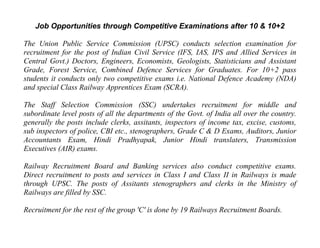 Job Opportunities through Competitive Examinations after 10 & 10+2

The Union Public Service Commission (UPSC) conducts selection examination for
recruitment for the post of Indian Civil Service (IFS, IAS, IPS and Allied Services in
Central Govt.) Doctors, Engineers, Economists, Geologists, Statisticians and Assistant
Grade, Forest Service, Combined Defence Services for Graduates. For 10+2 pass
students it conducts only two competitive exams i.e. National Defence Academy (NDA)
and special Class Railway Apprentices Exam (SCRA).

The Staff Selection Commission (SSC) undertakes recruitment for middle and
subordinate level posts of all the departments of the Govt. of India all over the country.
generally the posts include clerks, assitants, inspectors of income tax, excise, customs,
sub inspectors of police, CBI etc., stenographers, Grade C & D Exams, Auditors, Junior
Accountants Exam, Hindi Pradhyapak, Junior Hindi translaters, Transmission
Executives (AIR) exams.

Railway Recruitment Board and Banking services also conduct competitive exams.
Direct recruitment to posts and services in Class I and Class II in Railways is made
through UPSC. The posts of Assitants stenographers and clerks in the Ministry of
Railways are filled by SSC.

Recruitment for the rest of the group 'C' is done by 19 Railways Recruitment Boards.
 
