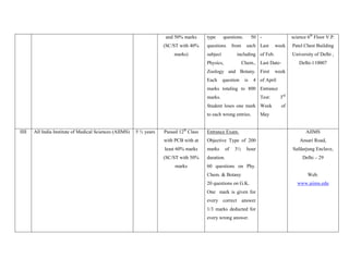 and 50% marks       type      questions.         50 -               science 6th Floor V.P.
                                                                     (SC/ST with 40%     questions       from     each Last      week    Patel Chest Building
                                                                          marks)         subject           including of Feb.             University of Delhi ,
                                                                                         Physics,               Chem., Last Date-           Delhi-110007
                                                                                         Zoology and Botany. First               week
                                                                                         Each      question      is   4 of April
                                                                                         marks totaling to 800 Entrance
                                                                                         marks.                          Test:     3rd
                                                                                         Student loses one mark Week                of
                                                                                         to each wrong entries.          May


IIII   All India Institute of Medical Sciences (AIIMS)   5 ½ years   Passed 12th Class   Entrance Exam.                                         AIIMS
                                                                     with PCB with at    Objective Type of 200                               Ansari Road,
                                                                     least 60% marks     marks      of    3½      hour                   Safdarjung Enclave,
                                                                     (SC/ST with 50%     duration.                                            Delhi – 29
                                                                          marks          60 questions on Phy.
                                                                                         Chem. & Botany                                          Web.
                                                                                         20 questions on G.K.                              www.aiims.edu
                                                                                         One mark is given for
                                                                                         every correct answer
                                                                                         1/3 marks deducted for
                                                                                         every wrong answer.
 