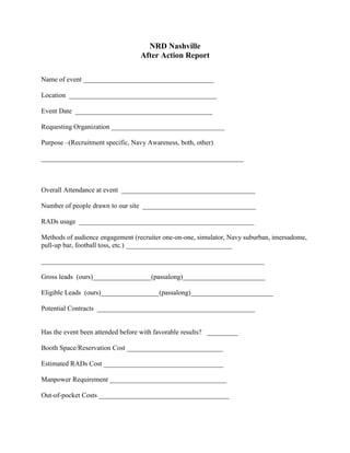 NRD Nashville
                                  After Action Report

Name of event ______________________________________

Location ___________________________________________

Event Date ________________________________________

Requesting Organization _________________________________

Purpose –(Recruitment specific, Navy Awareness, both, other)

___________________________________________________________



Overall Attendance at event _______________________________________

Number of people drawn to our site _________________________________

RADs usage ___________________________________________________

Methods of audience engagement (recruiter one-on-one, simulator, Navy suburban, imersadome,
pull-up bar, football toss, etc.) _______________________________

_________________________________________________________________

Gross leads (ours)_________________(passalong)________________________

Eligible Leads (ours)_________________(passalong)________________________

Potential Contracts ______________________________________________


Has the event been attended before with favorable results? _________

Booth Space/Reservation Cost ____________________________

Estimated RADs Cost ___________________________________

Manpower Requirement __________________________________

Out-of-pocket Costs ______________________________________
 