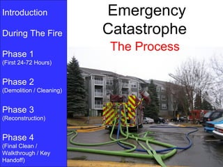 Introduction              Emergency
During The Fire           Catastrophe
                           The Process
Phase 1
(First 24-72 Hours)


Phase 2
(Demolition / Cleaning)


Phase 3
(Reconstruction)


Phase 4
(Final Clean /
Walkthrough / Key
Handoff)
 