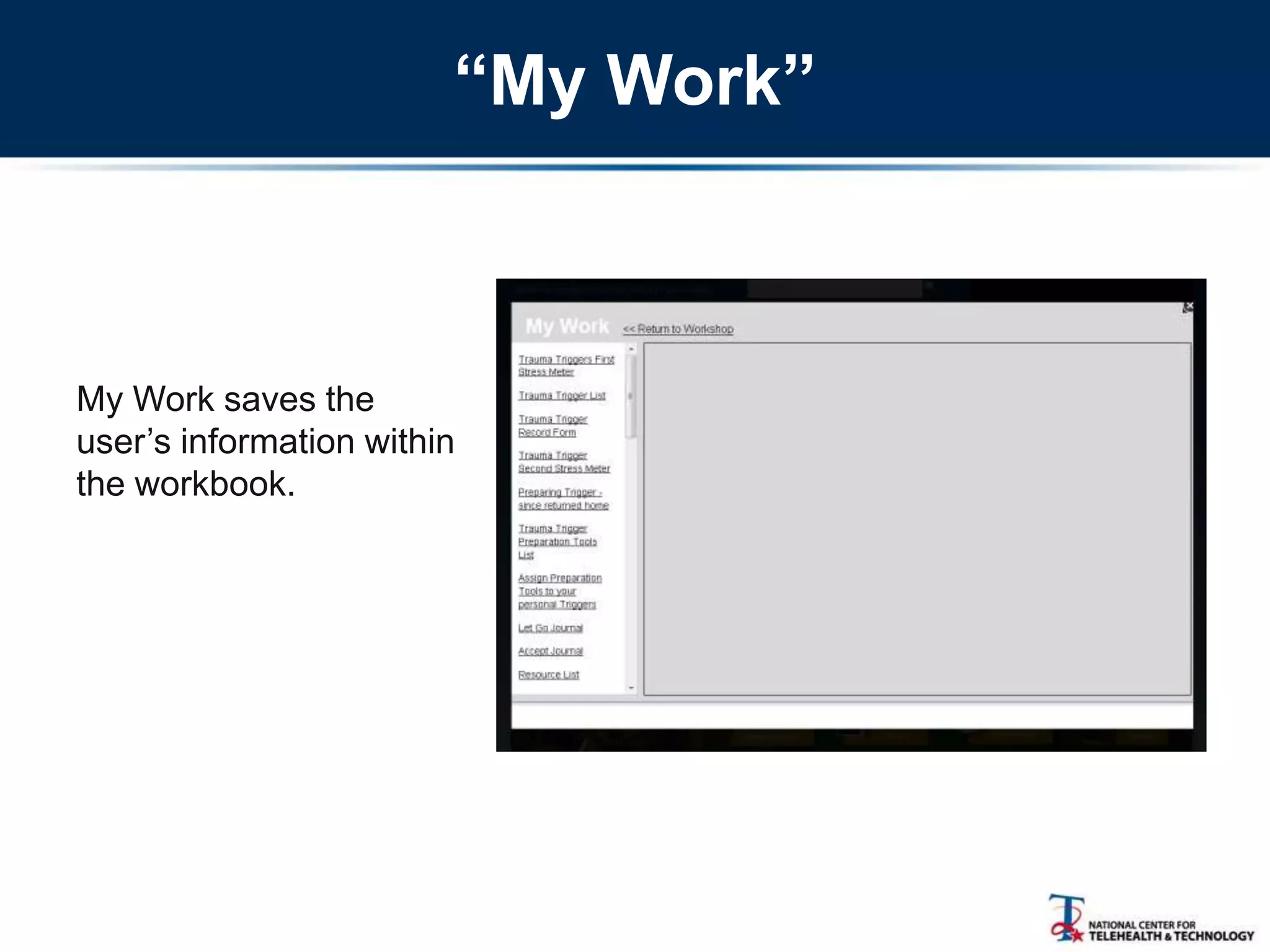 “My Work”
My Work saves the
user‘s information within
the workbook.
 