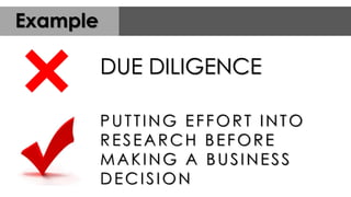 PUTTING EFFORT INTO
RESEARCH BEFORE
MAKING A BUSINESS
DECISION
DUE DILIGENCE
Example
 