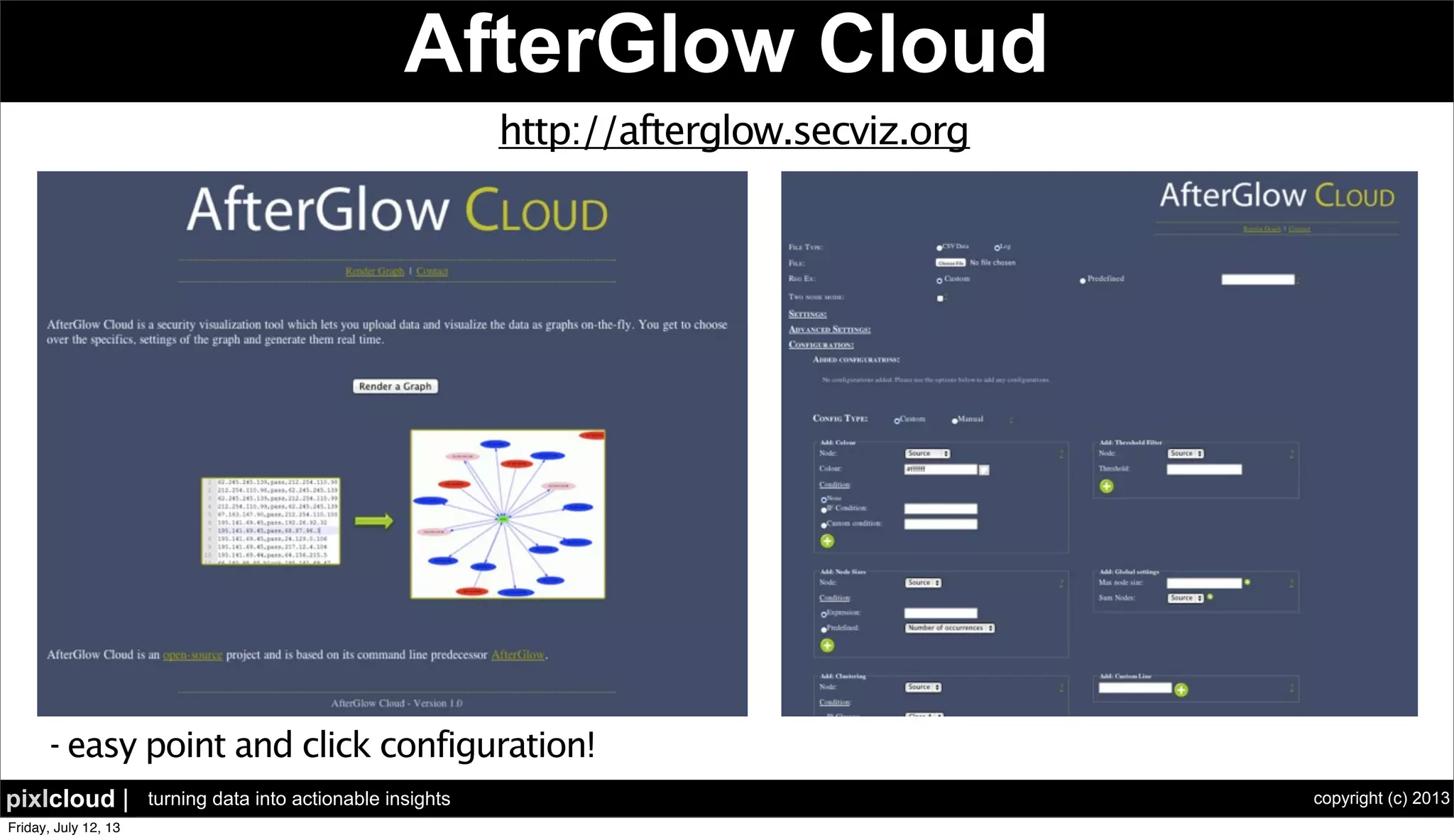 copyright (c) 2013pixlcloud | turning data into actionable insights
AfterGlow Cloud
- easy point and click configuration!
http://afterglow.secviz.org
 